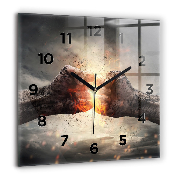 Square glass wall clock Fists Strength Power