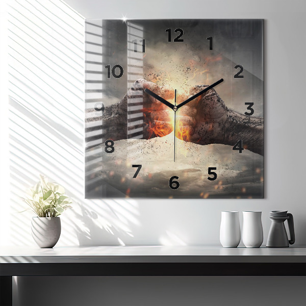 Square glass wall clock Fists Strength Power