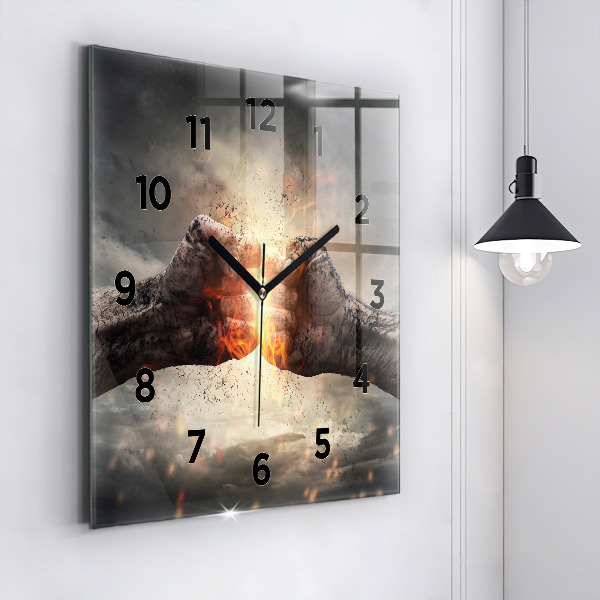 Square glass wall clock Fists Strength Power
