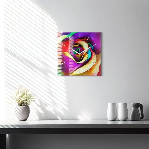 Square glass wall clock Rainbow Rose