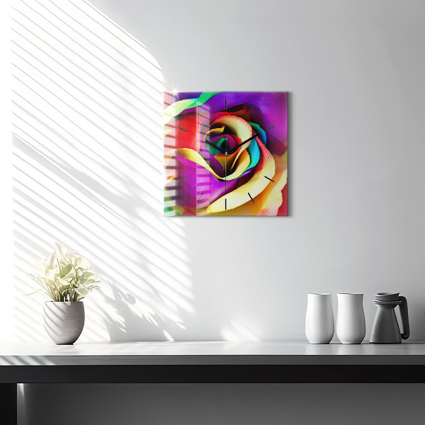 Square glass wall clock Rainbow Rose