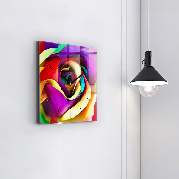 Square glass wall clock Rainbow Rose