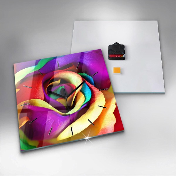 Square glass wall clock Rainbow Rose