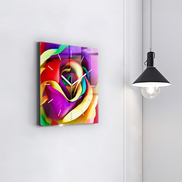 Square glass wall clock Rainbow Rose