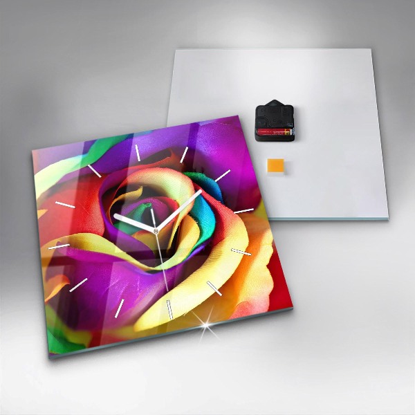 Square glass wall clock Rainbow Rose