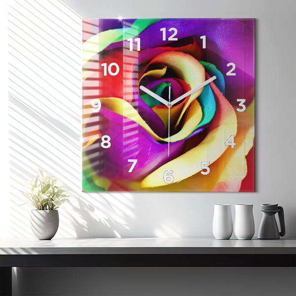 Square glass wall clock Rainbow Rose