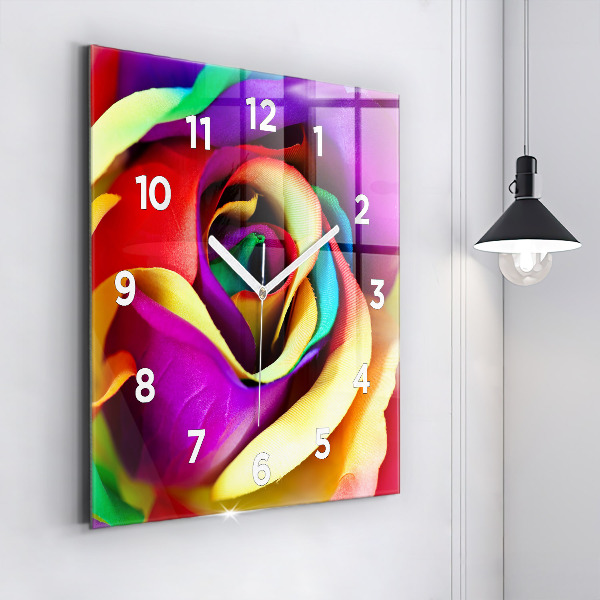 Square glass wall clock Rainbow Rose