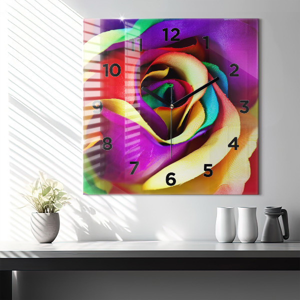 Square glass wall clock Rainbow Rose