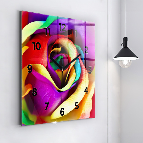 Square glass wall clock Rainbow Rose