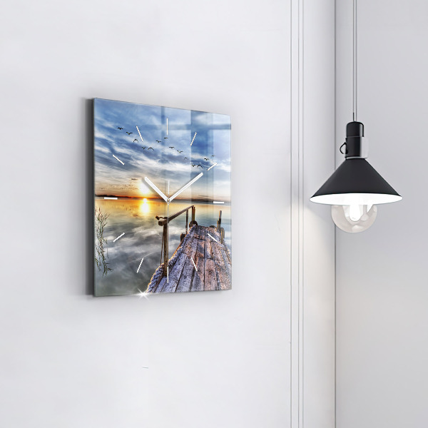 Square glass wall clock Lake Sunset