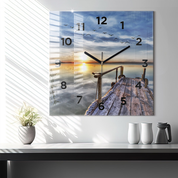 Square glass wall clock Lake Sunset