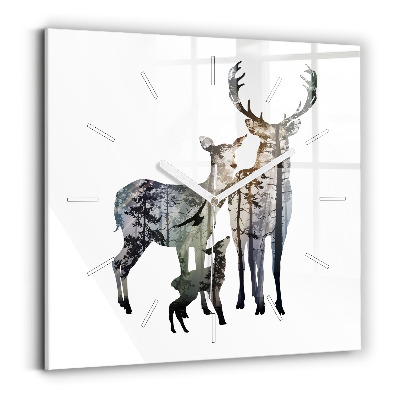 Square glass wall clock Deer family