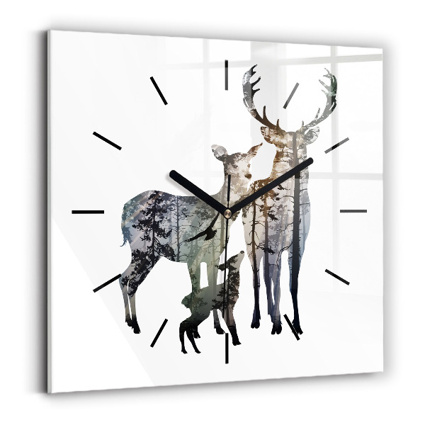 Square glass wall clock Deer family