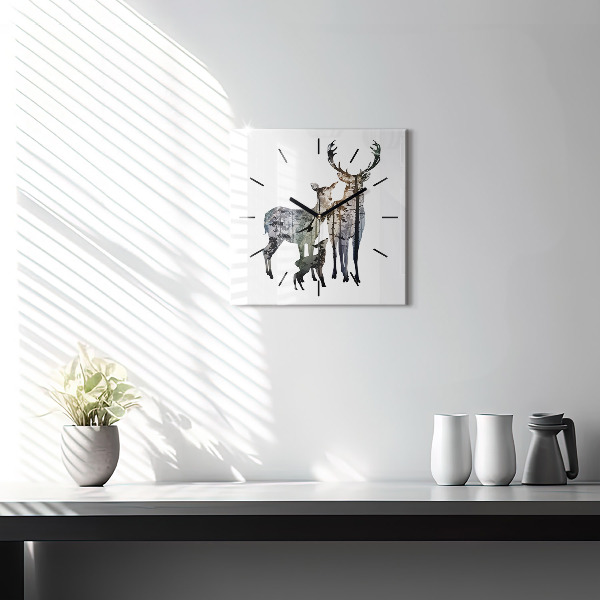 Square glass wall clock Deer family