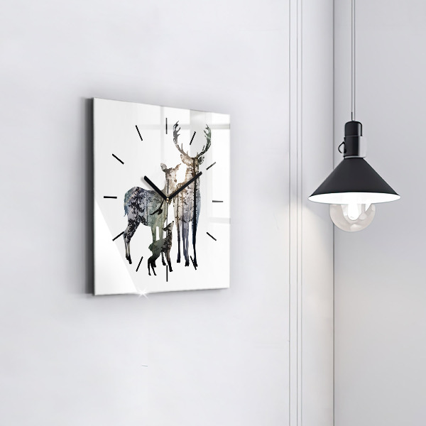 Square glass wall clock Deer family