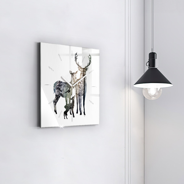 Square glass wall clock Deer family