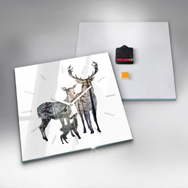 Square glass wall clock Deer family