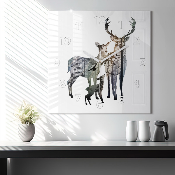 Square glass wall clock Deer family