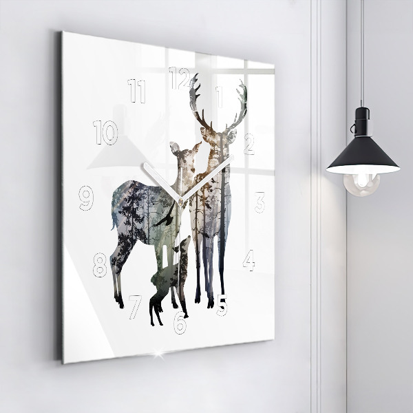 Square glass wall clock Deer family