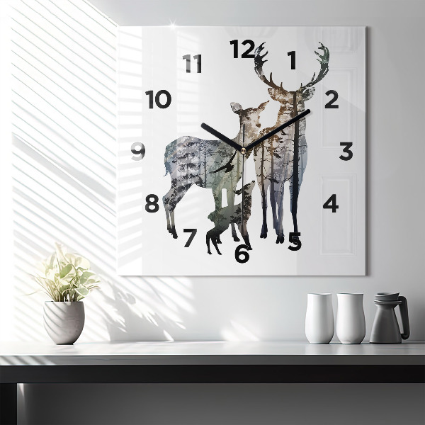 Square glass wall clock Deer family