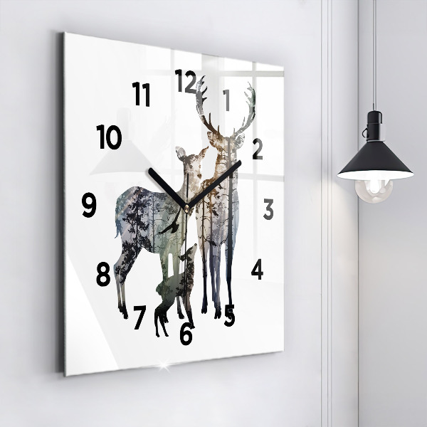 Square glass wall clock Deer family