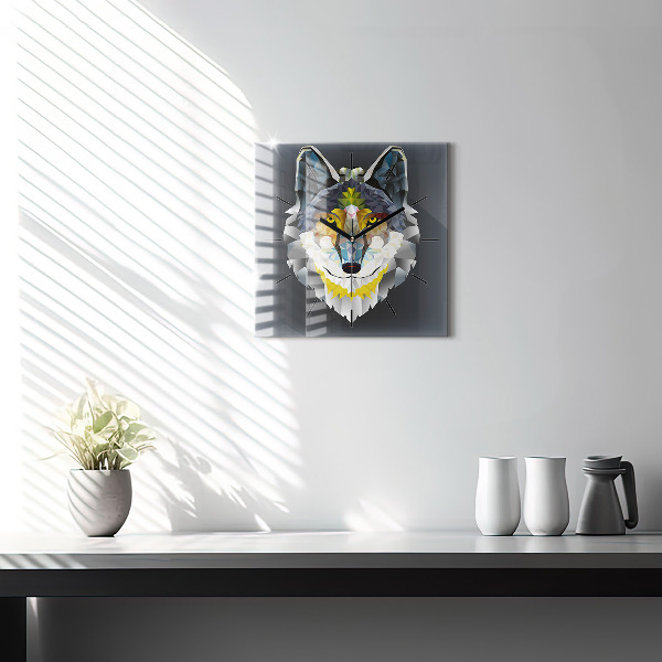 Square glass wall clock Wolf head