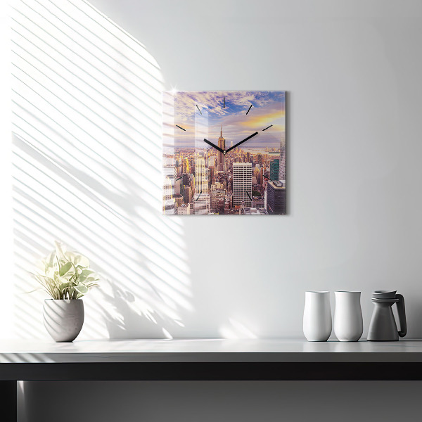 Square glass wall clock Sunset New York