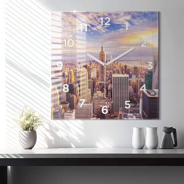 Square glass wall clock Sunset New York
