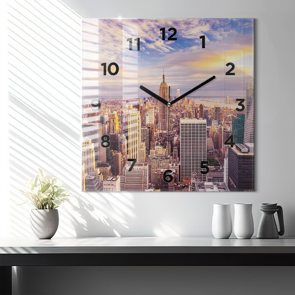 Square glass wall clock Sunset New York
