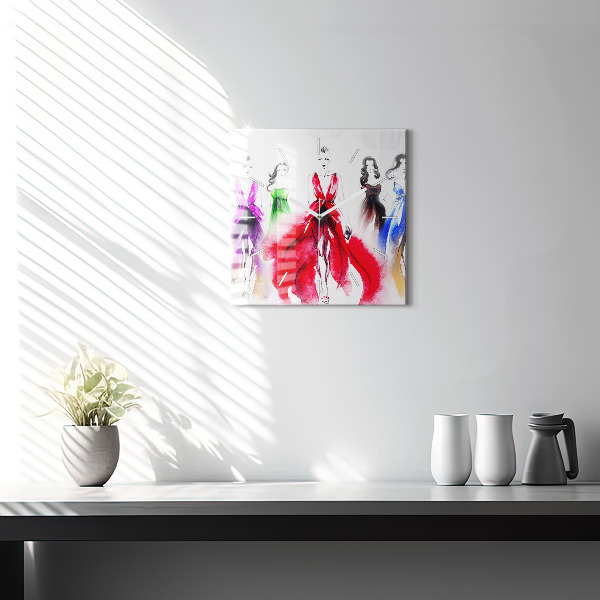 Square glass wall clock Women in colorful dresses