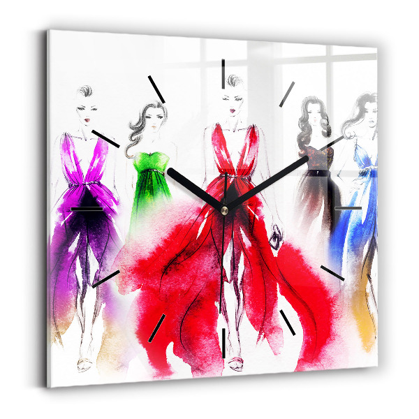 Square glass wall clock Women in colorful dresses