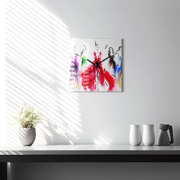 Square glass wall clock Women in colorful dresses