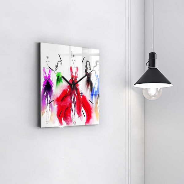Square glass wall clock Women in colorful dresses