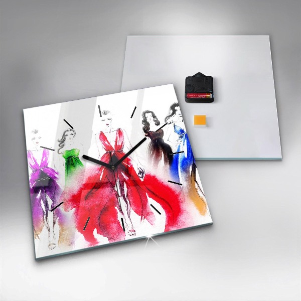 Square glass wall clock Women in colorful dresses