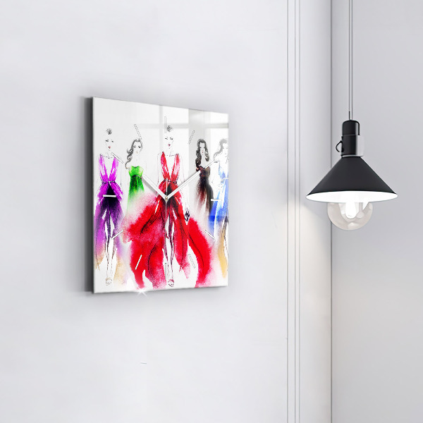 Square glass wall clock Women in colorful dresses