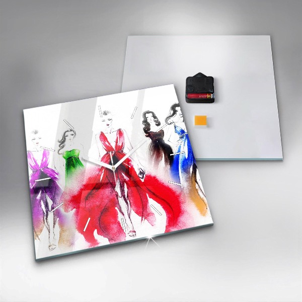 Square glass wall clock Women in colorful dresses