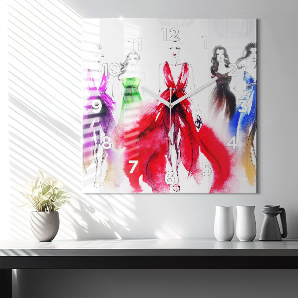 Square glass wall clock Women in colorful dresses