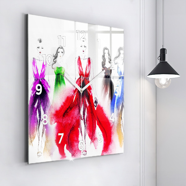 Square glass wall clock Women in colorful dresses