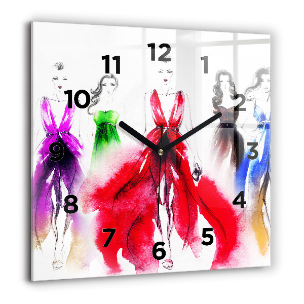 Square glass wall clock Women in colorful dresses