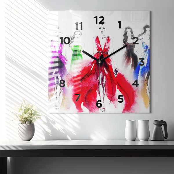 Square glass wall clock Women in colorful dresses