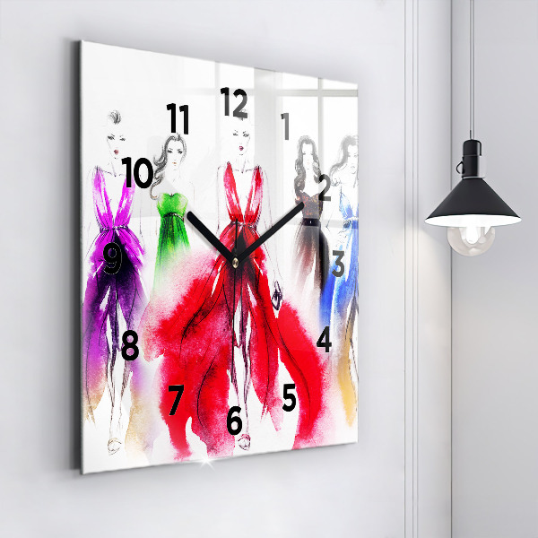 Square glass wall clock Women in colorful dresses