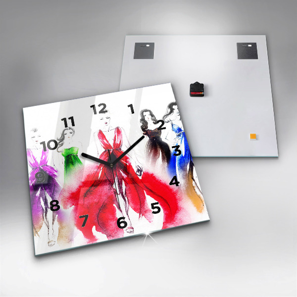 Square glass wall clock Women in colorful dresses