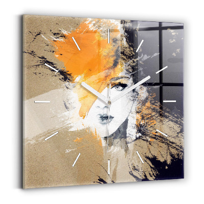 Square glass wall clock Portrait of a woman abstract