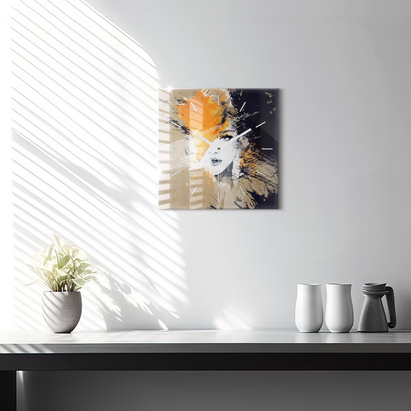 Square glass wall clock Portrait of a woman abstract