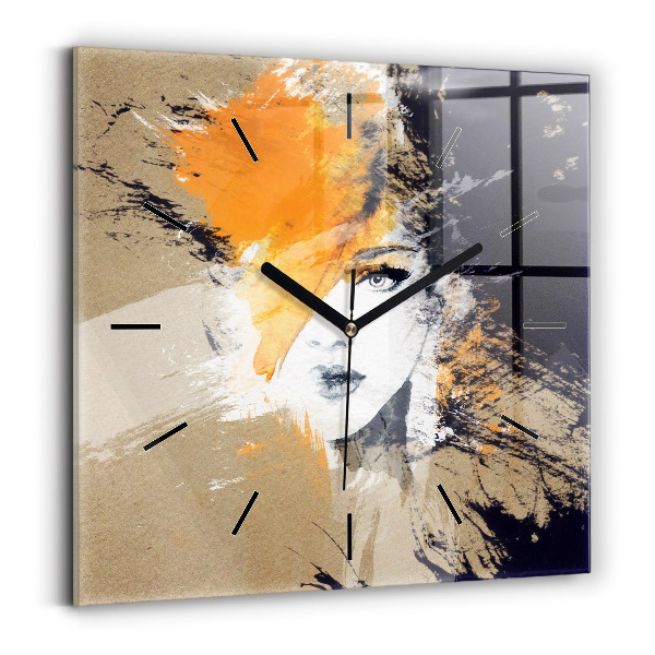 Square glass wall clock Portrait of a woman abstract