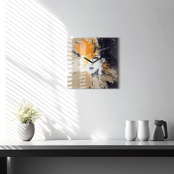 Square glass wall clock Portrait of a woman abstract