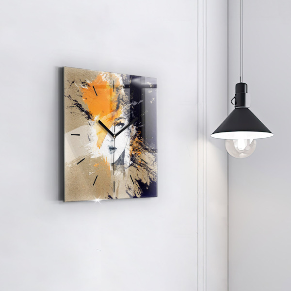 Square glass wall clock Portrait of a woman abstract