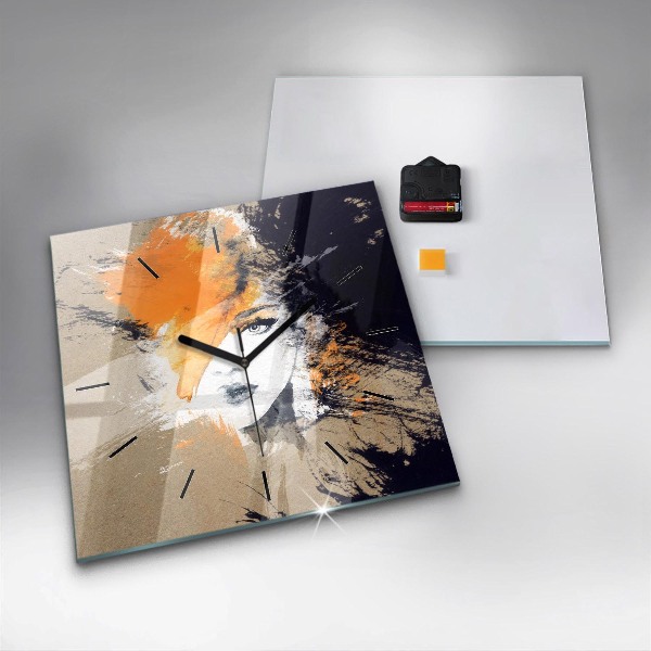 Square glass wall clock Portrait of a woman abstract