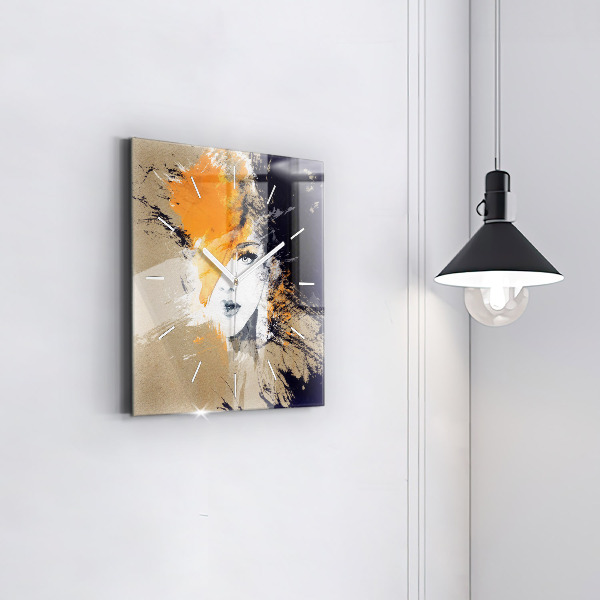 Square glass wall clock Portrait of a woman abstract