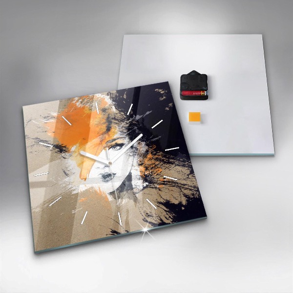 Square glass wall clock Portrait of a woman abstract